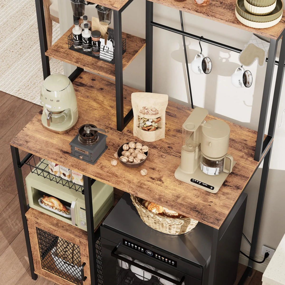 Kitchen Bakers Rack With Power Outlet And Storage Cabinet