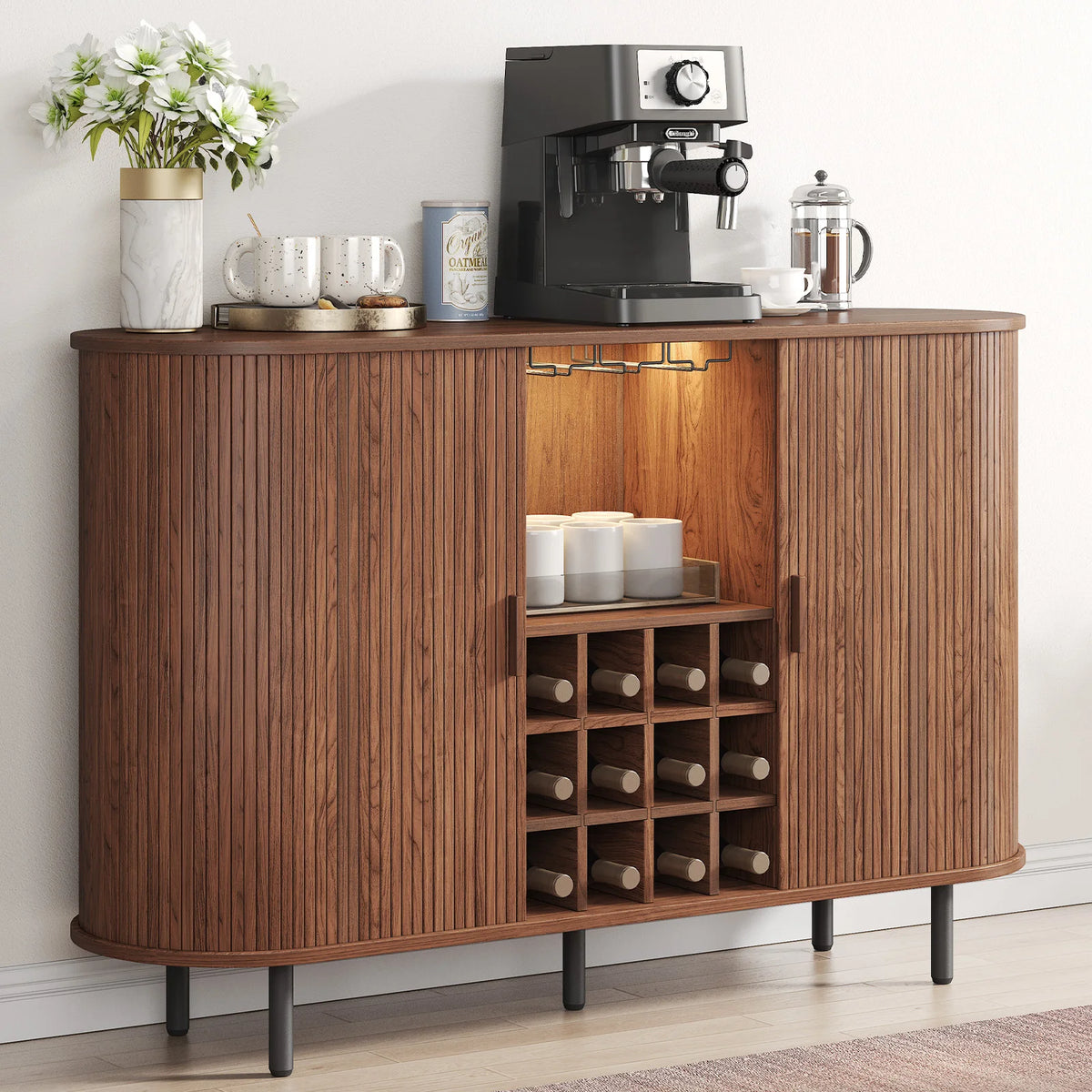 Wine Bar Cabinet w/ LED Light,Liquor Cabinet for Home,Coffee Bar Cabinet w/ Wine Rack & Glass Holder,Walnut Buffet Sideboard