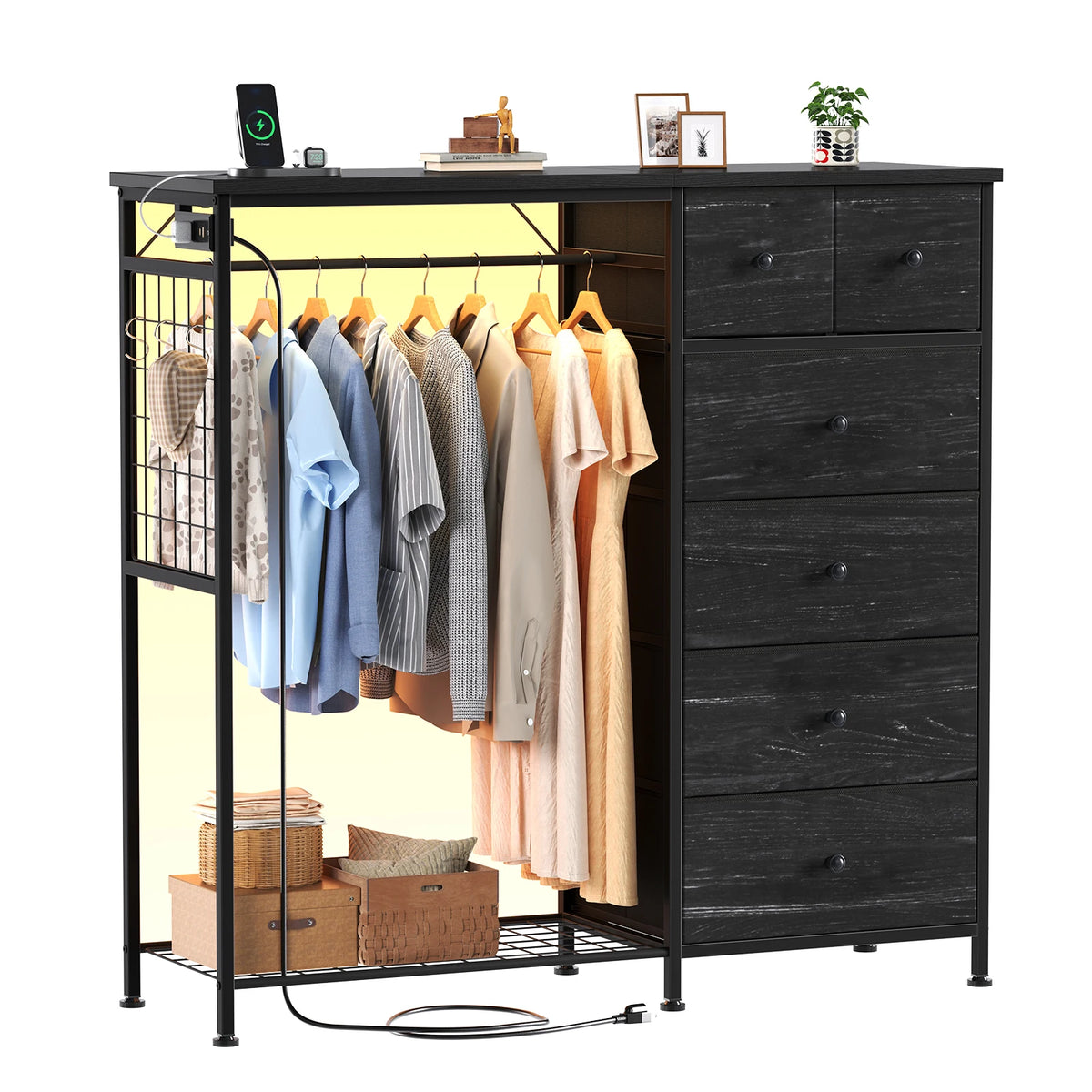 JHK Fabric Dresser With Hanging Rack And Charging Station