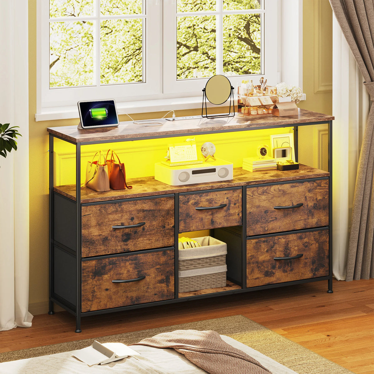 EnHomee Modern TV Console With LED Lights And Fabric Drawers