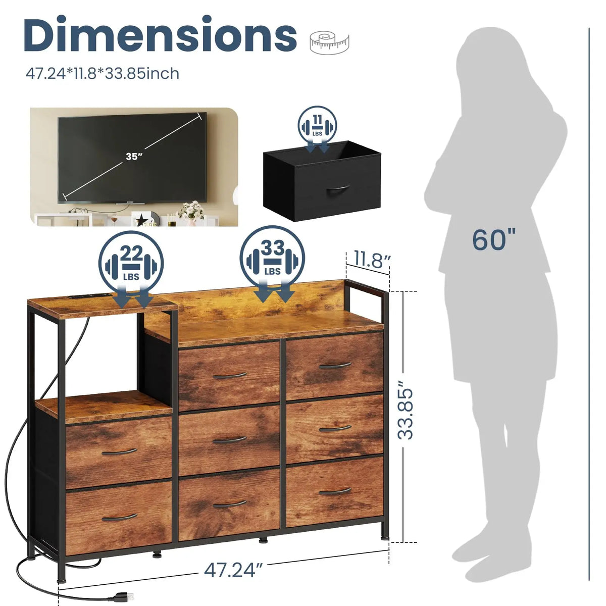 MCQ Fabric Drawer End Table Storage With Charging Station