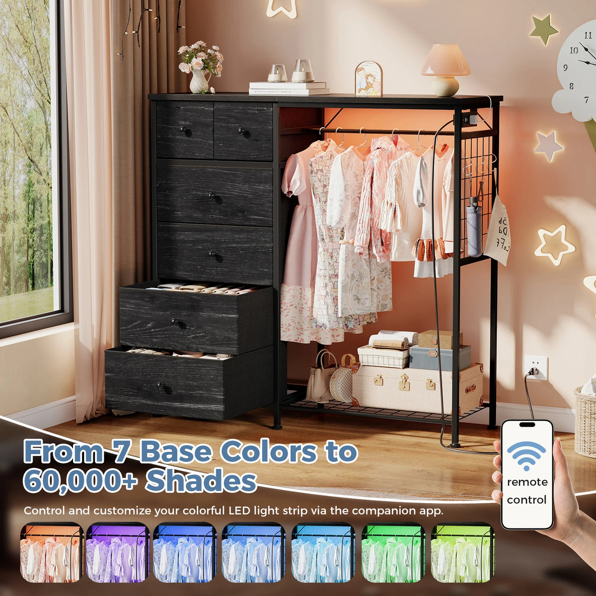 JHK Fabric Dresser With Hanging Rack And Charging Station