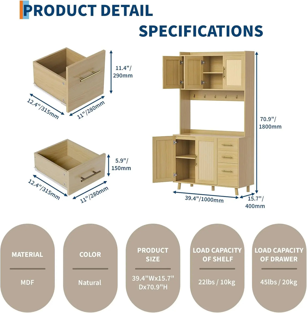 HiMISS Rattan Pantry Cabinet With Drawers Hooks And Adjustable Shelves