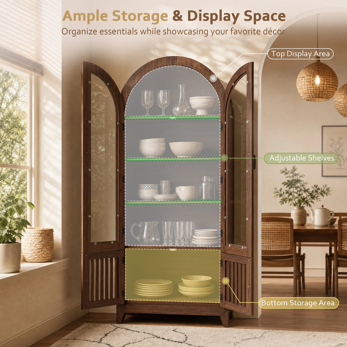TCGBKAF Arched Glass Display Cabinet With Adjustable Shelves