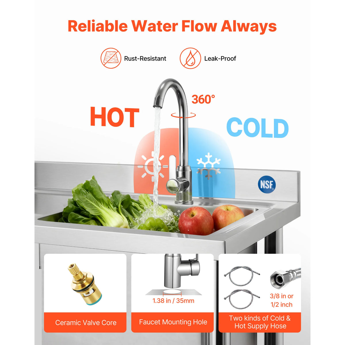 SucceBuy Stainless Steel Utility Sink 39.4/47 x 19.7 x 37 in Commercial Kitchen Sink with Hot & Cold Water Pipe for Restaurant