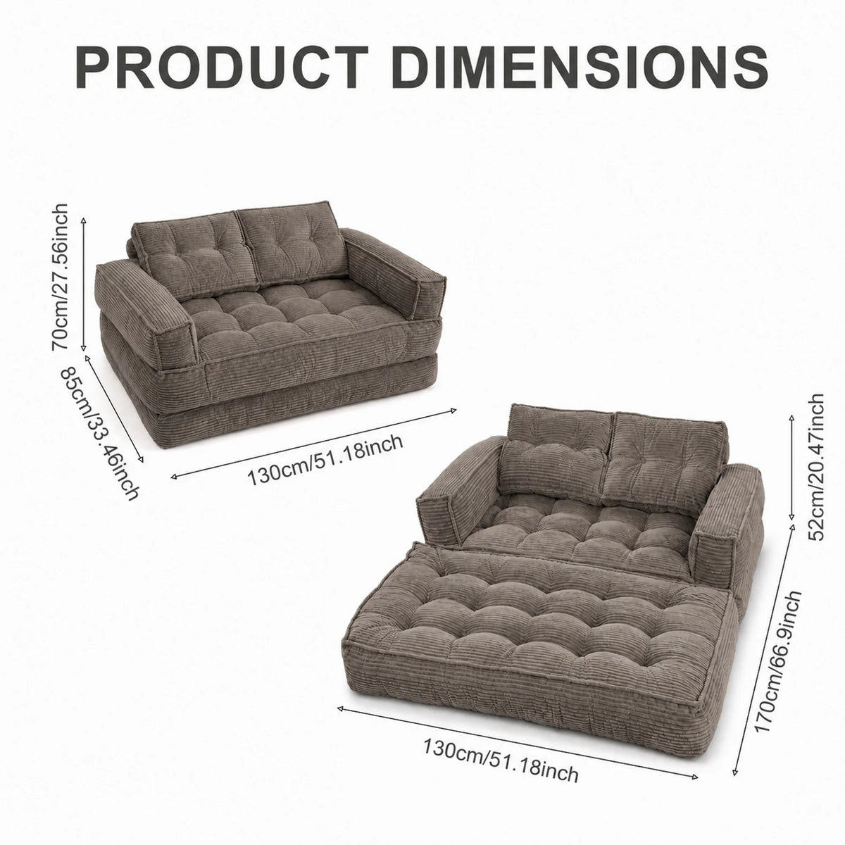 51" Modular Corduroy Floor Couch with Chaise, 2-in-1 Boneless Convertible Sofa Bed, Lazy Double Loveseat with Armrests for Living Room, Apartment & Game Room