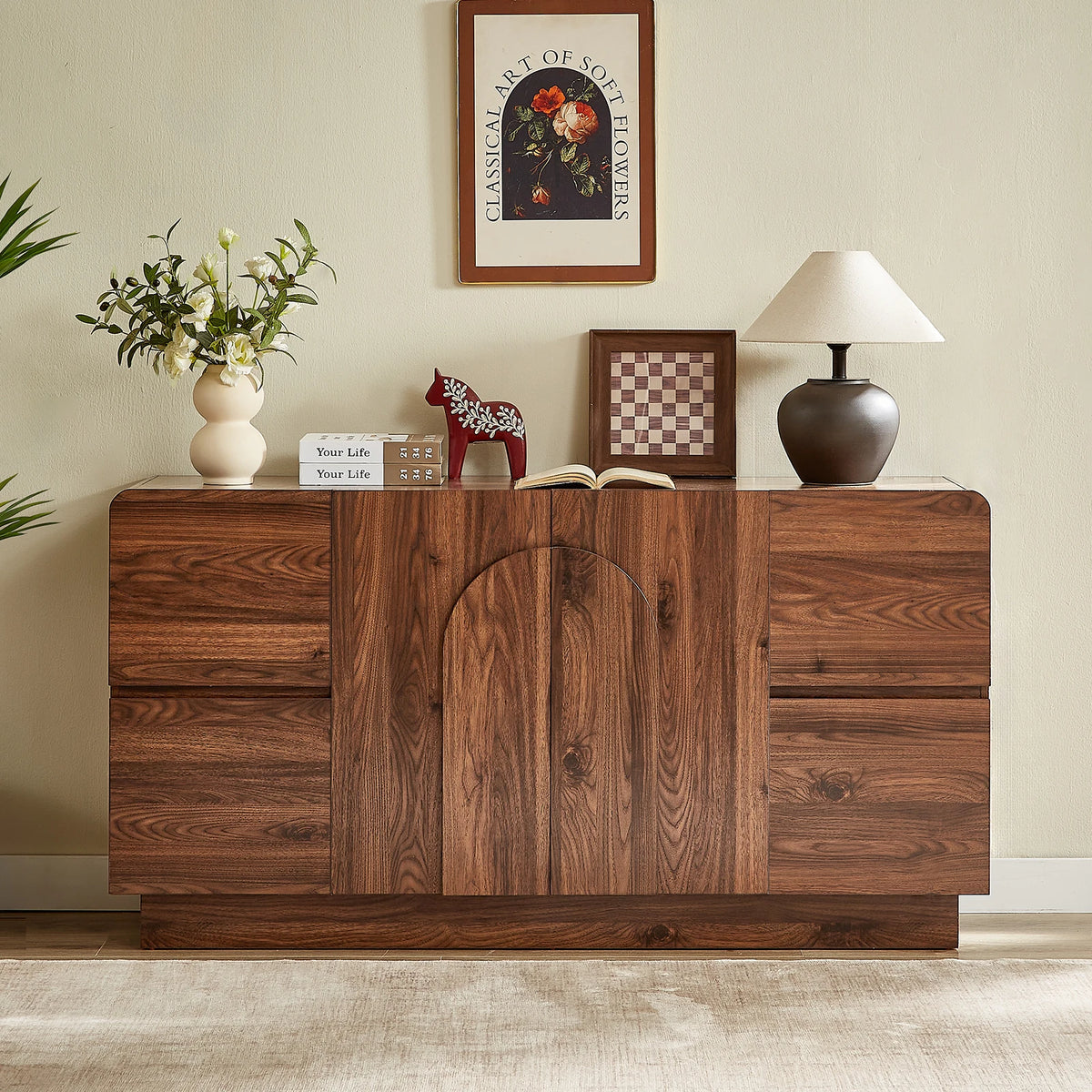 ONBRILL Modern Sideboard Cabinet With Drawers And Arched Doors