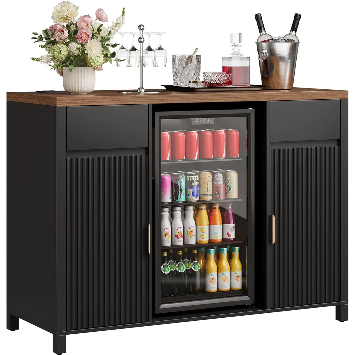 HiMISS Fluted Coffee Bar Cabinet With Mini Fridge Wine Rack