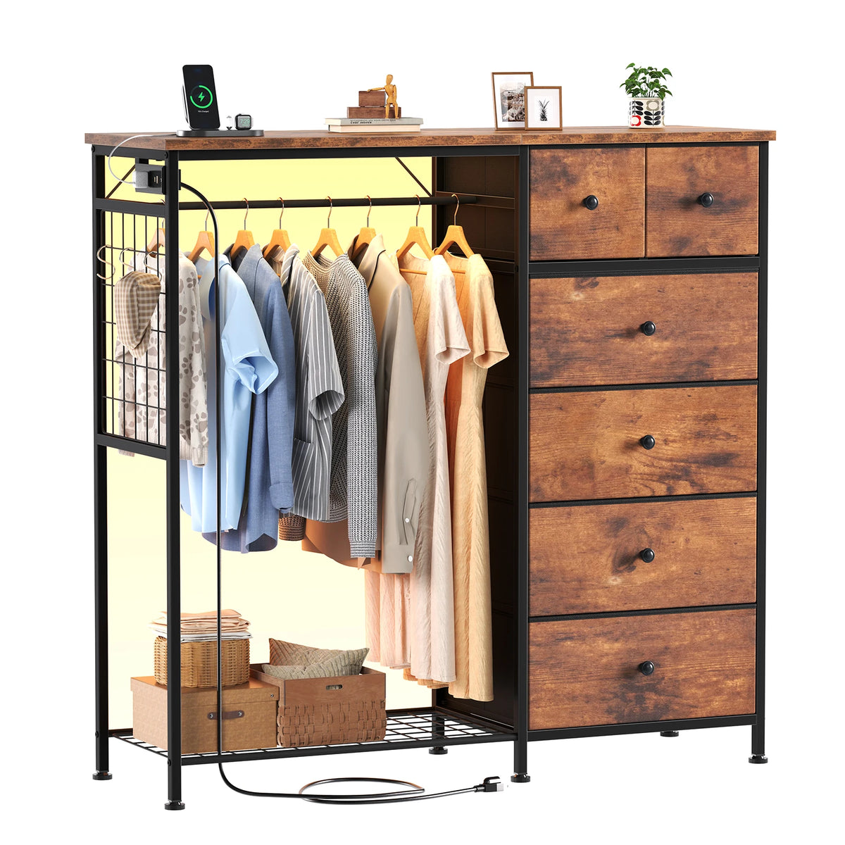 JHK Fabric Dresser With Hanging Rack And Charging Station