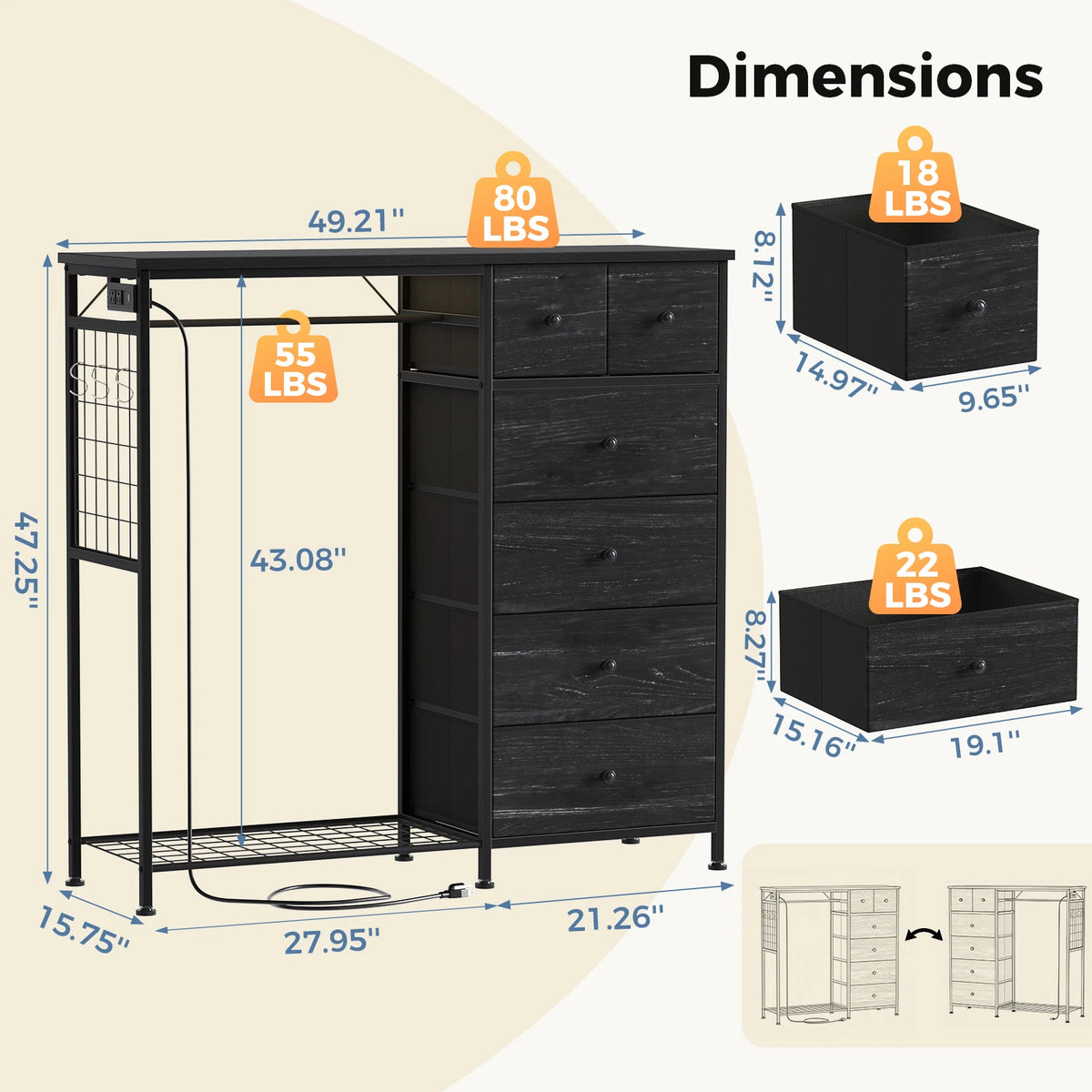 JHK Fabric Dresser With Hanging Rack And Charging Station
