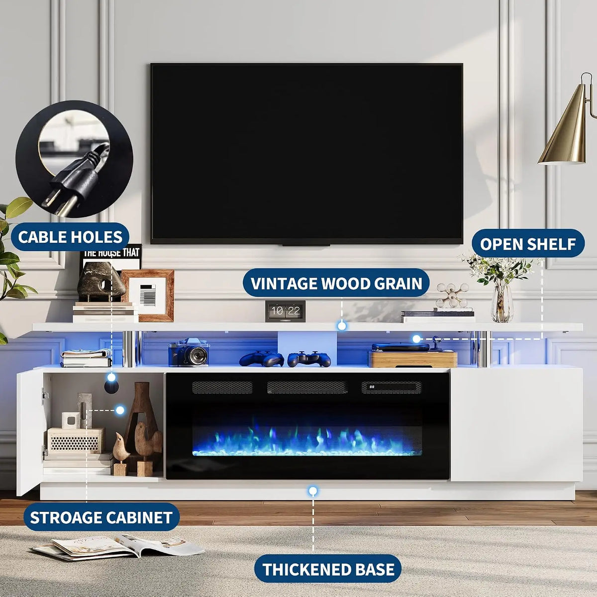 Modern Electric Fireplace TV Stand With Cabinets And Media Storage