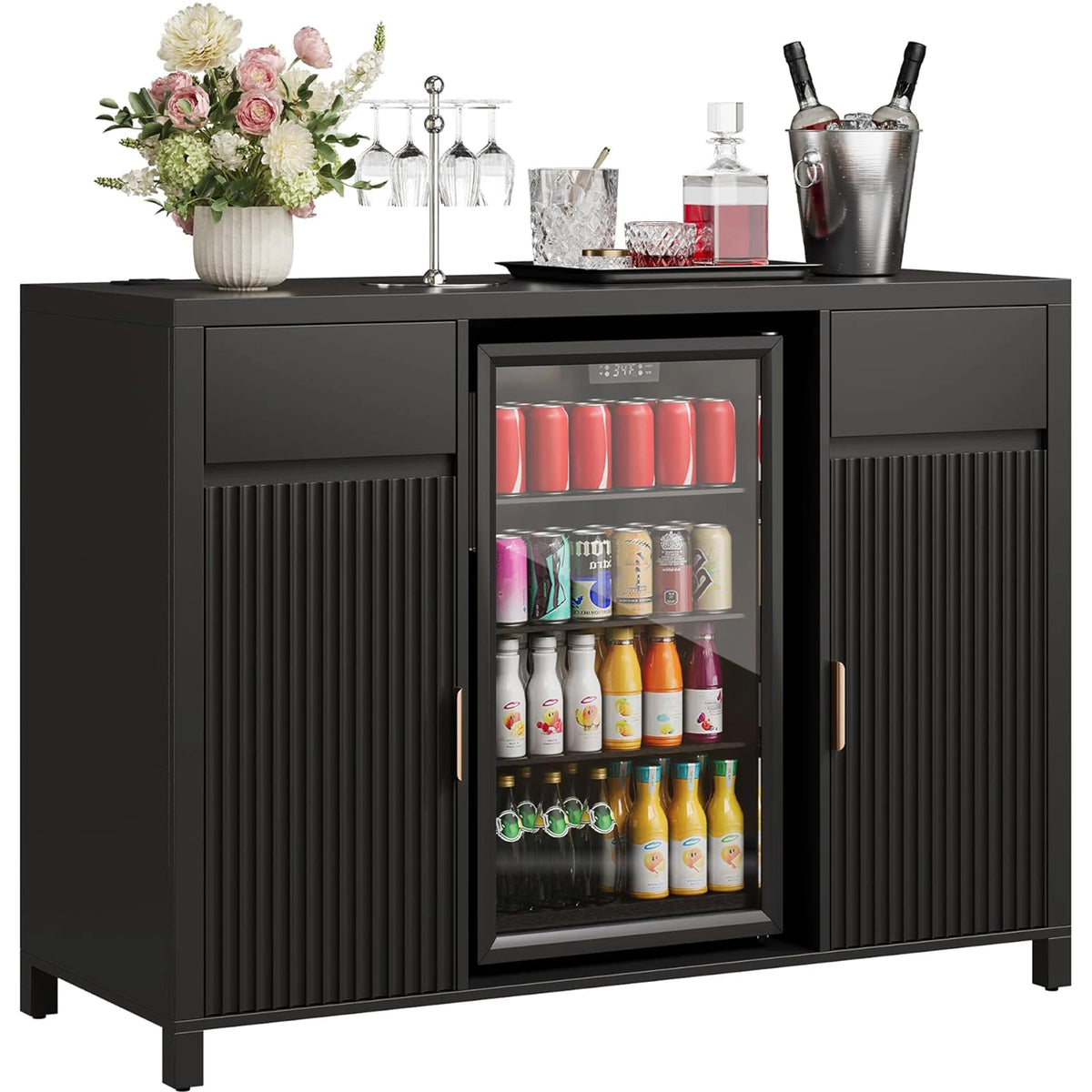 HiMISS Fluted Coffee Bar Cabinet With Mini Fridge Wine Rack