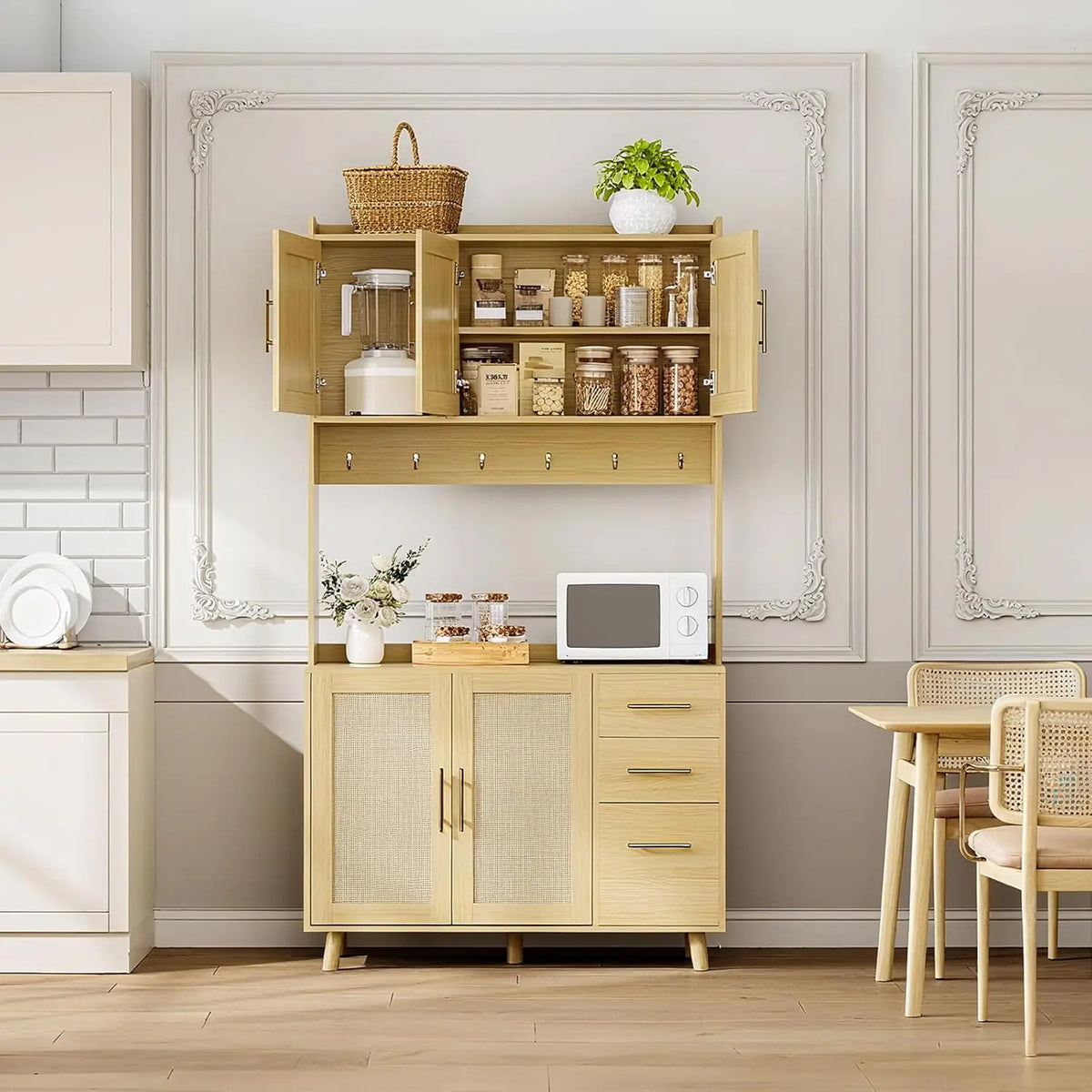 HiMISS Rattan Pantry Cabinet With Drawers Hooks And Adjustable Shelves