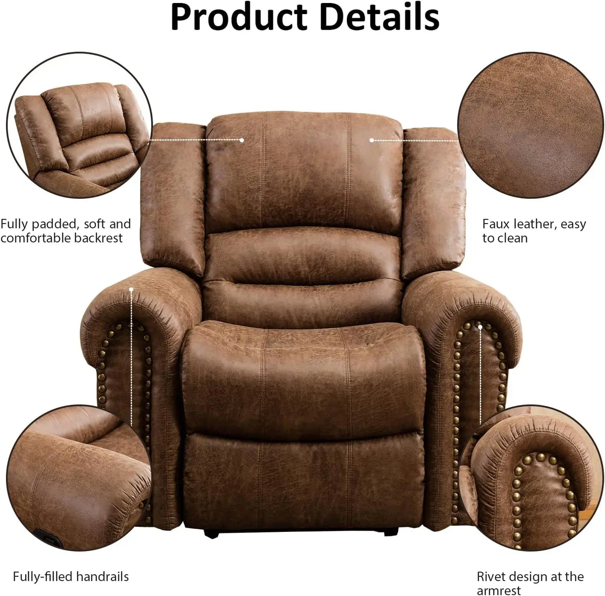 EBELLO Manual Leather Recliner Chair With Comfortable Arms for Living Rooms
