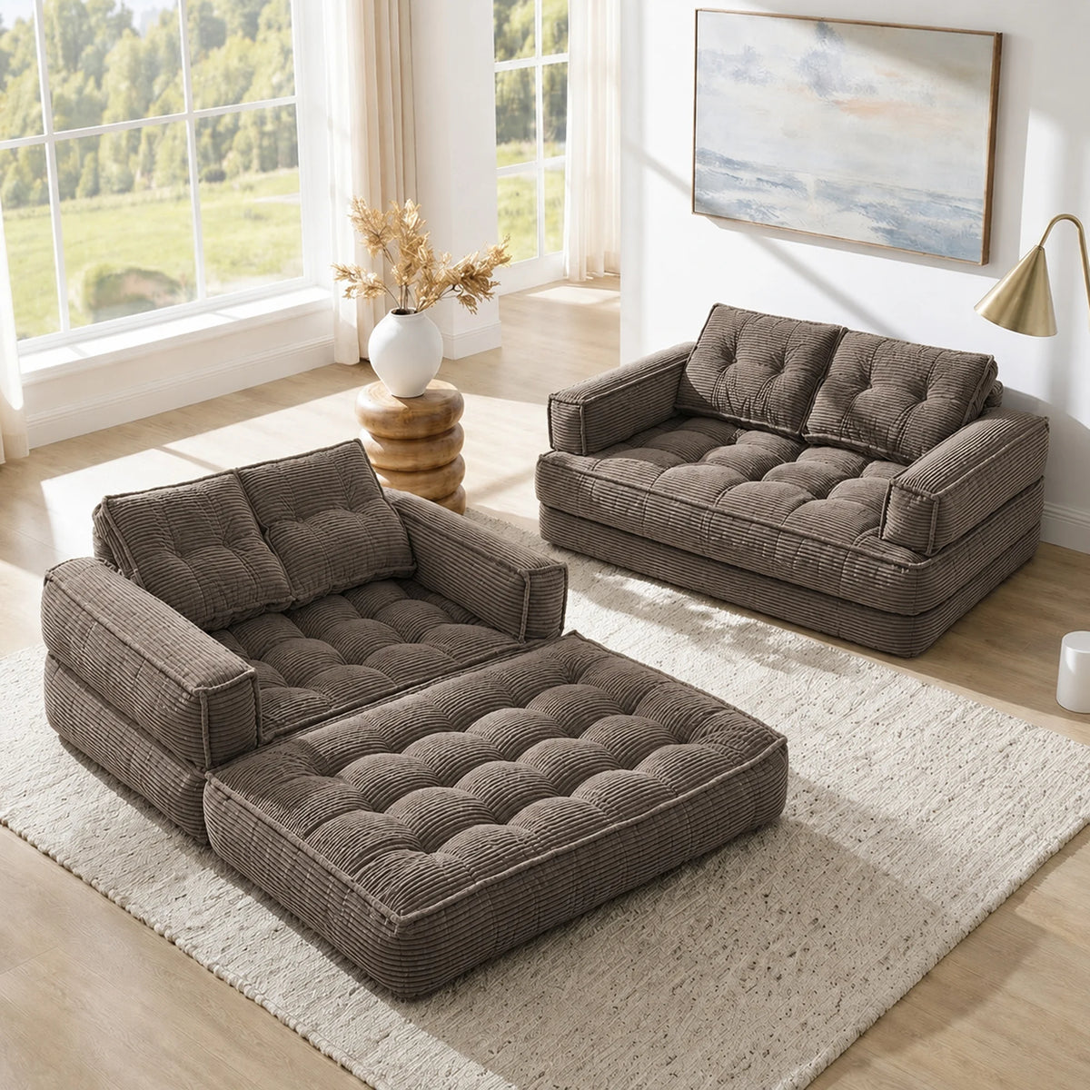 51" Modular Corduroy Floor Couch with Chaise, 2-in-1 Boneless Convertible Sofa Bed, Lazy Double Loveseat with Armrests for Living Room, Apartment & Game Room