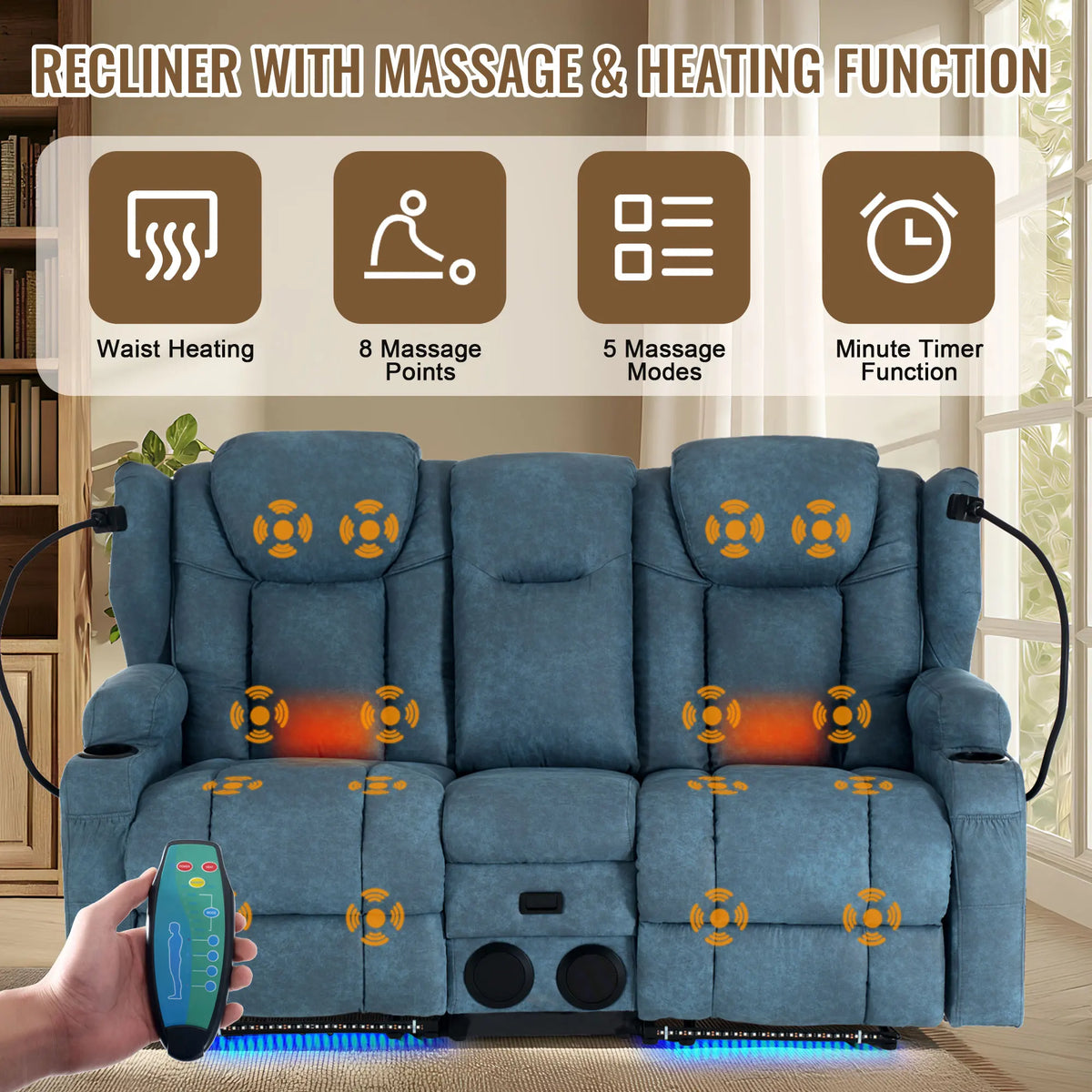Redlife Loveseat Recliner Sofa with Console, Manual Pull Reclining Couch, Heating & Massage, USB & Power Outlet, Phone Holders, Bluetooth Speakers, Storage Drawer