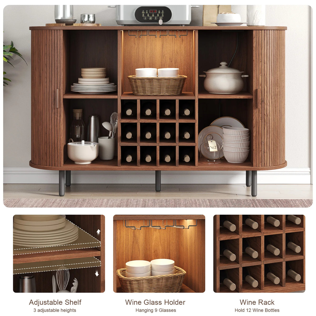 Wine Bar Cabinet w/ LED Light,Liquor Cabinet for Home,Coffee Bar Cabinet w/ Wine Rack & Glass Holder,Walnut Buffet Sideboard