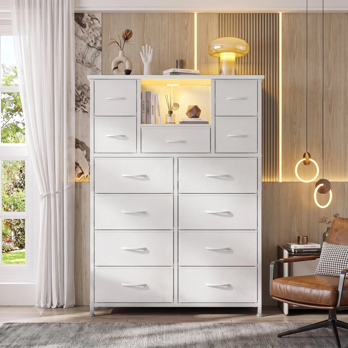 EnHomee Fabric Dresser With LED Lights And Charging Hub Organizer