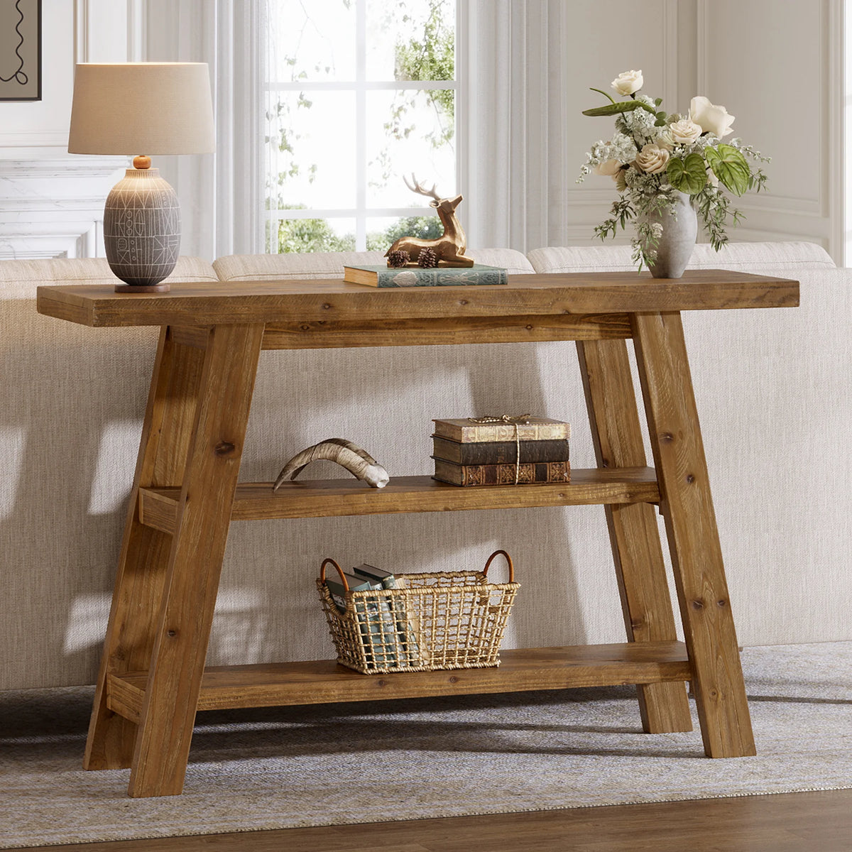 Tribesigns Rustic Wood Console Table With Three Tier Storage Shelves