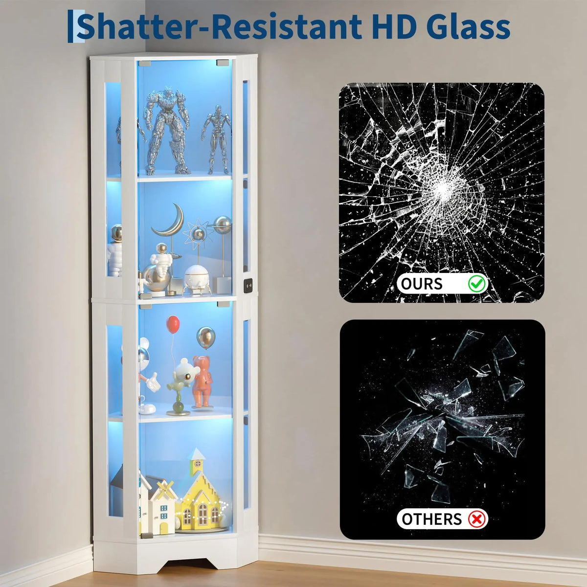 HiMISS Lighted Glass Corner Display Cabinet With Shelves