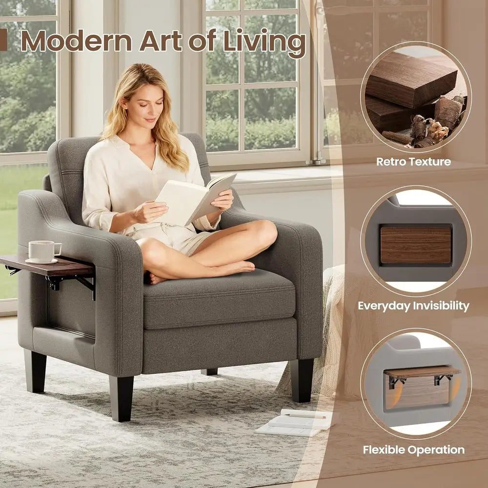 Linen Upholstered Armchair With Wooden Frame For Living Room