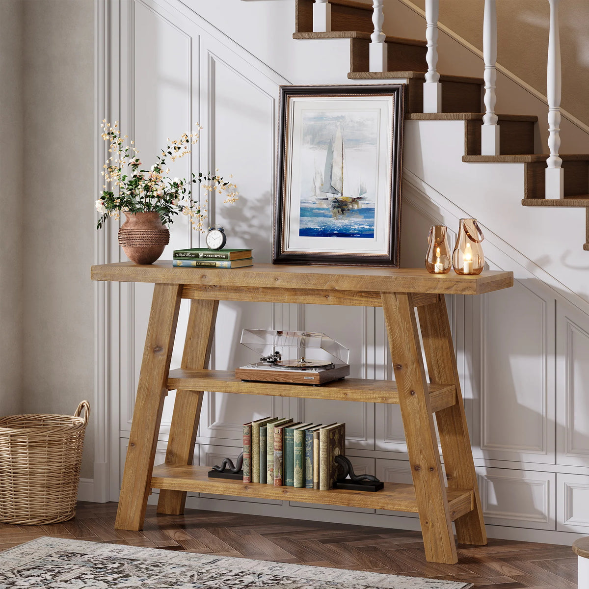 Tribesigns Rustic Wood Console Table With Three Tier Storage Shelves