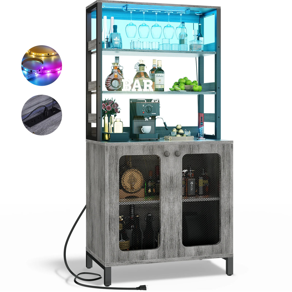 Aheaplus Bar Cabinet With LED Lights Glass Holder And Outlets