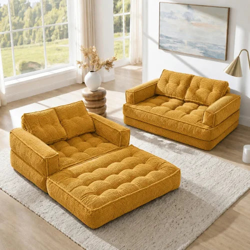 51" Modular Corduroy Floor Couch with Chaise, 2-in-1 Boneless Convertible Sofa Bed, Lazy Double Loveseat with Armrests for Living Room, Apartment & Game Room