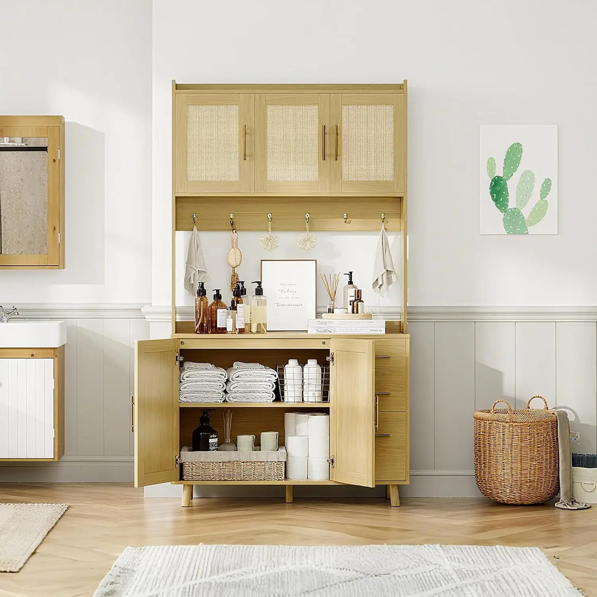 HiMISS Rattan Pantry Cabinet With Drawers Hooks And Adjustable Shelves