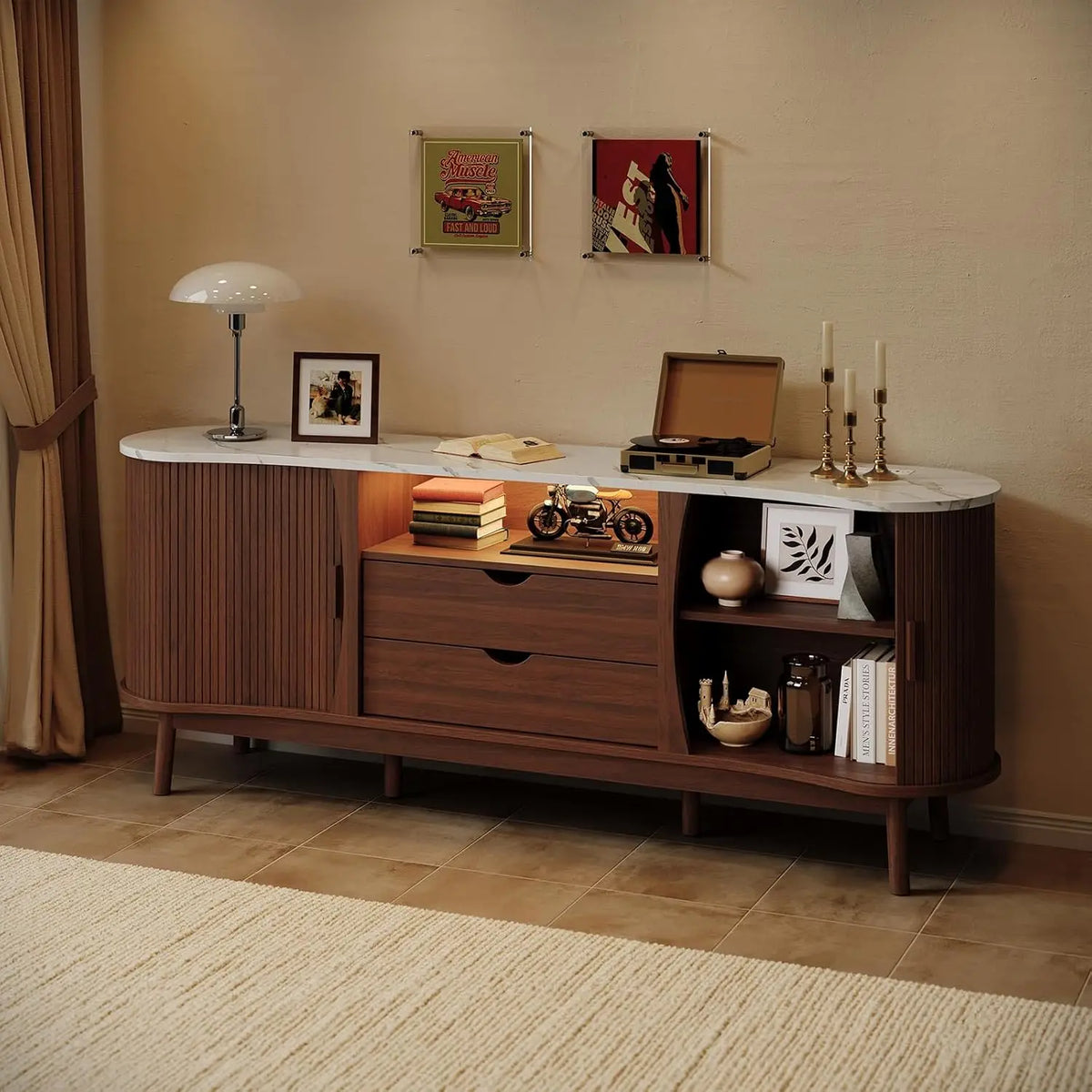 ONBRILL Fluted TV Stand With LED Lighting, USB And Storage