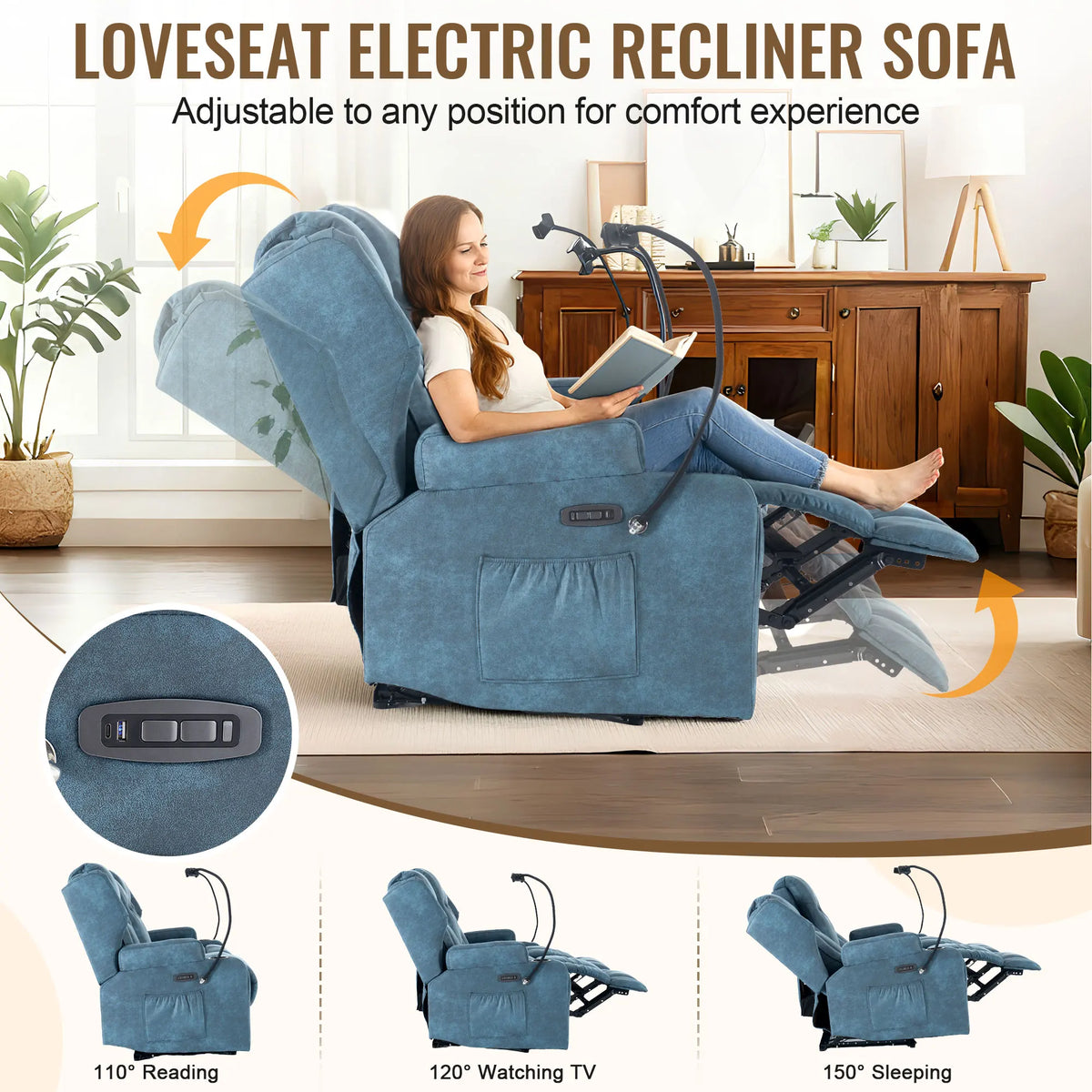 Redlife Loveseat Recliner Sofa with Console, Manual Pull Reclining Couch, Heating & Massage, USB & Power Outlet, Phone Holders, Bluetooth Speakers, Storage Drawer