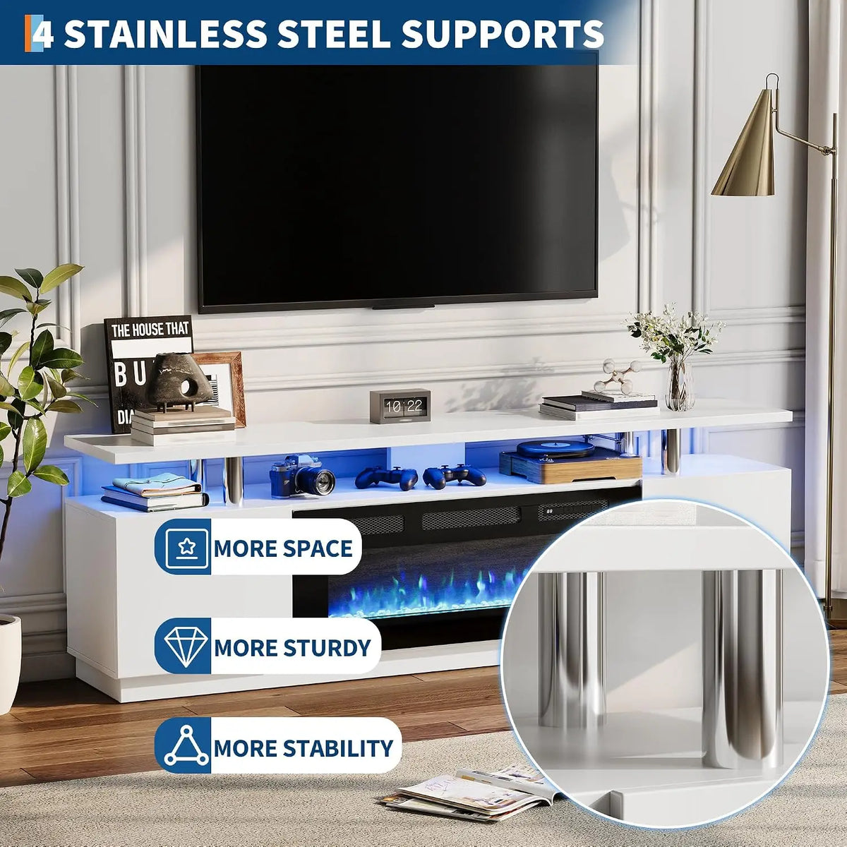 Modern Electric Fireplace TV Stand With Cabinets And Media Storage