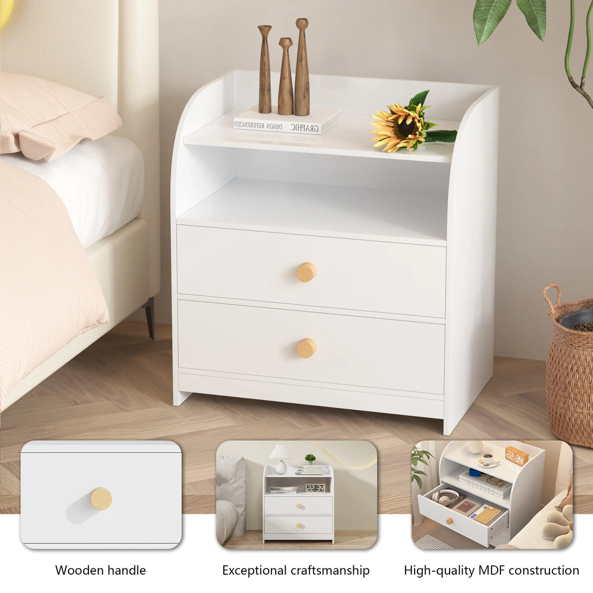 Modern Nightstand With Two Drawers And Open Shelf Storage