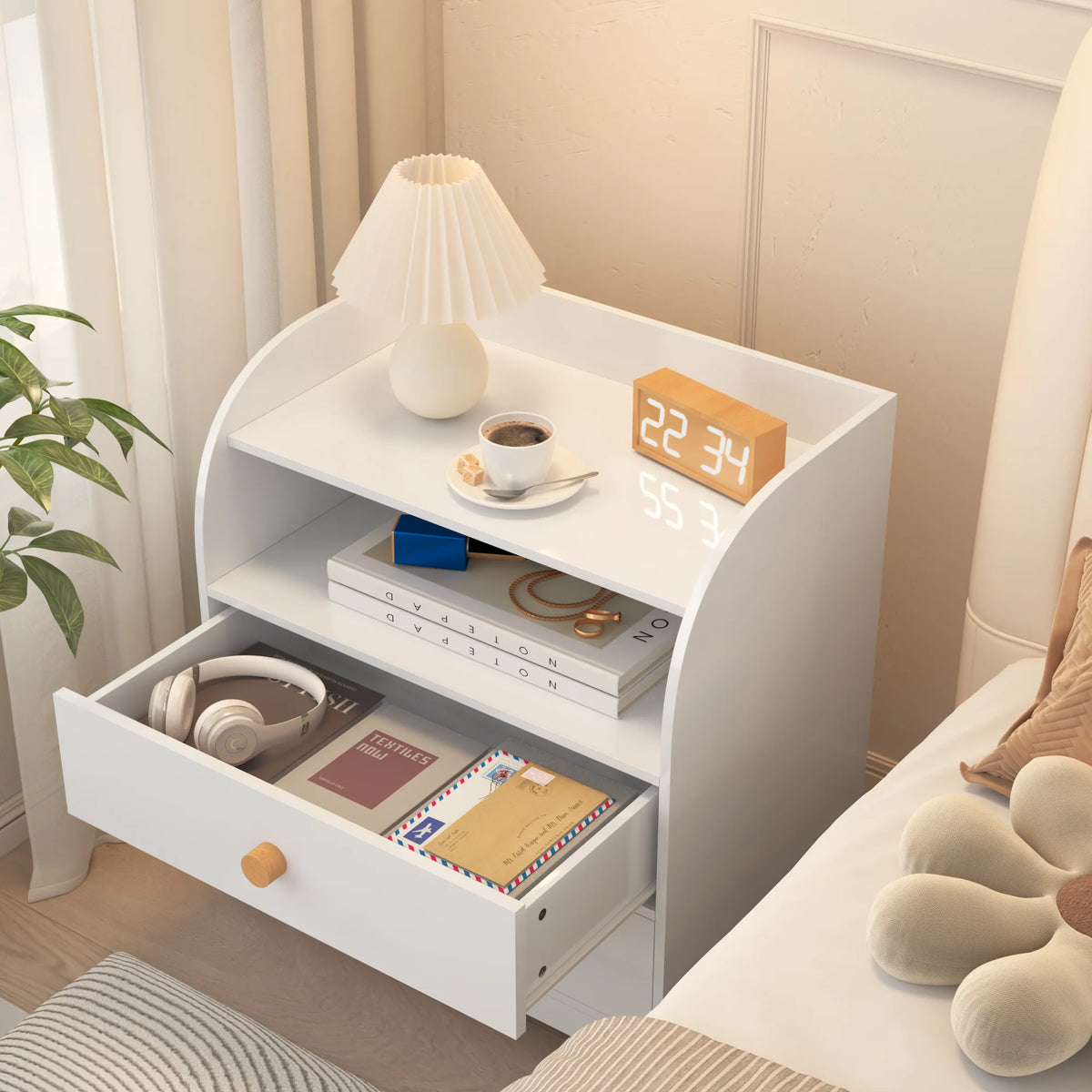 Modern Nightstand With Two Drawers And Open Shelf Storage