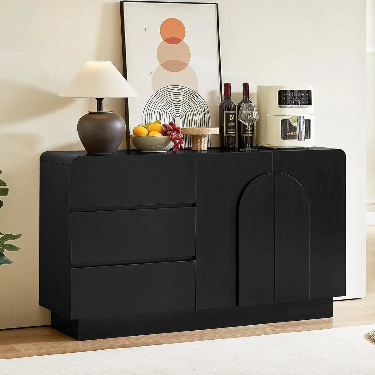 Black 60 Inch Sideboard with 4 Drawers, Curved Design Buffet Cabinet with Arched Doors & Adjustable Shelves, Mid Century Modern Accent Cabinet for Living Room, Dining Room, Entryway, Black