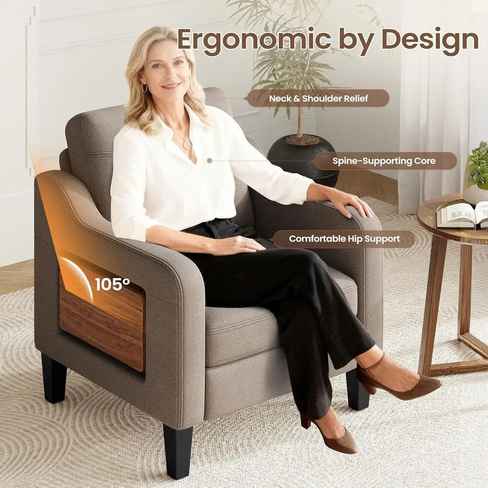 Linen Upholstered Armchair With Wooden Frame For Living Room