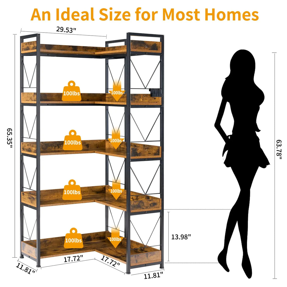 JHK L Shaped Five Tier Corner Bookshelf With Metal Frame
