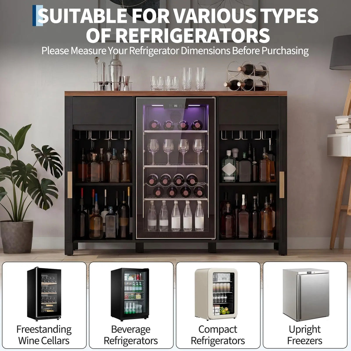 HiMISS Fluted Coffee Bar Cabinet With Mini Fridge Wine Rack