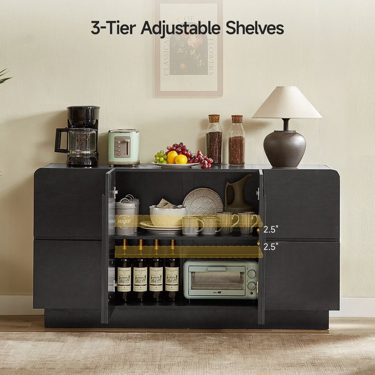 Black 60 Inch Sideboard with 4 Drawers, Curved Design Buffet Cabinet with Arched Doors & Adjustable Shelves, Mid Century Modern Accent Cabinet for Living Room, Dining Room, Entryway, Black