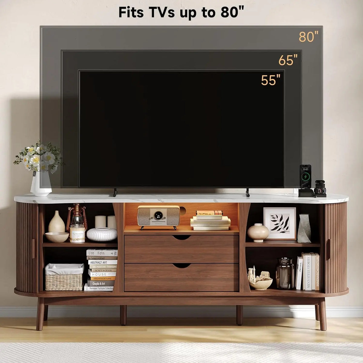 ONBRILL Fluted TV Stand With LED Lighting, USB And Storage