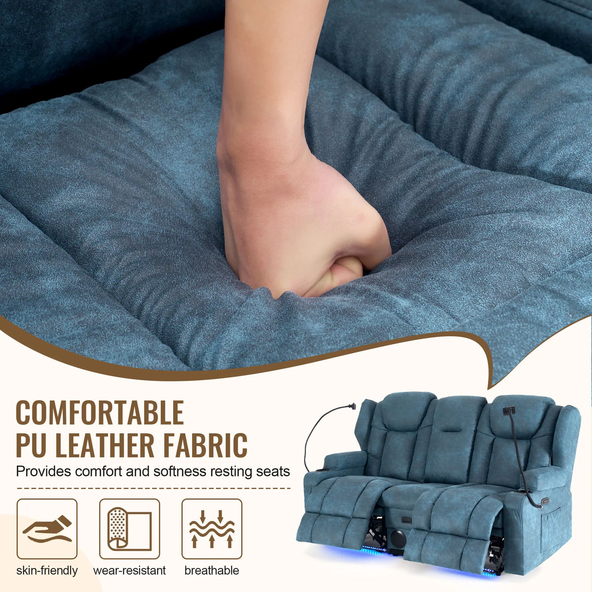 Redlife Loveseat Recliner Sofa with Console, Manual Pull Reclining Couch, Heating & Massage, USB & Power Outlet, Phone Holders, Bluetooth Speakers, Storage Drawer