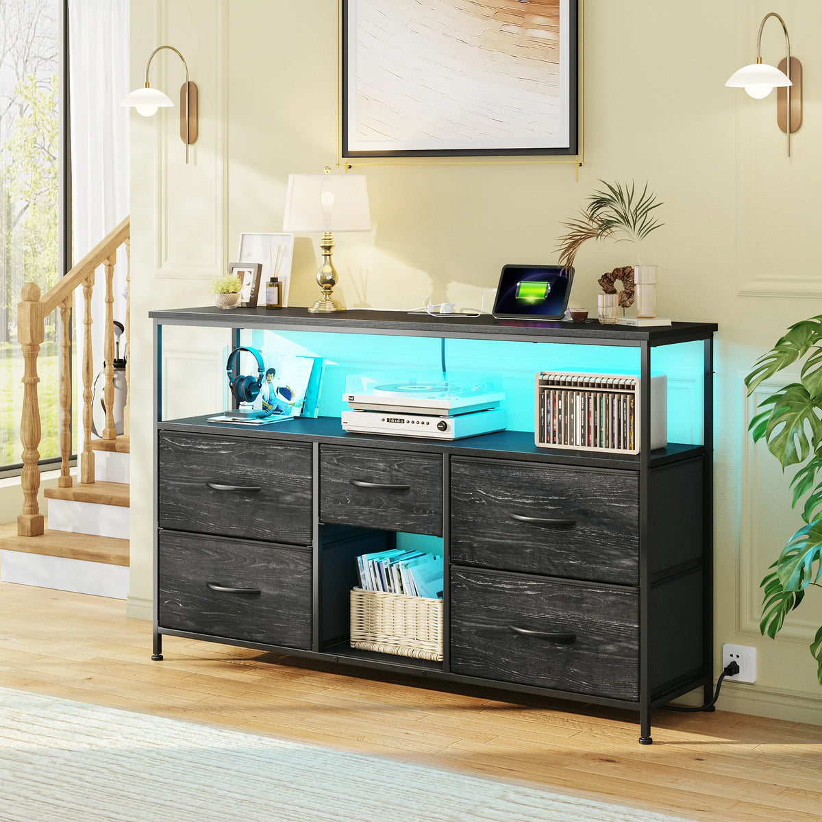 EnHomee 5‑Drawer TV Console with LED Accent Lights – 45/50" Compatible, Metal Frame, Leveling Feet, Scratch‑Resistant Top, Quick Assembly – Spacious Shelves + Fabric Drawers – Ideal for Dorm, Apartment, Living Room