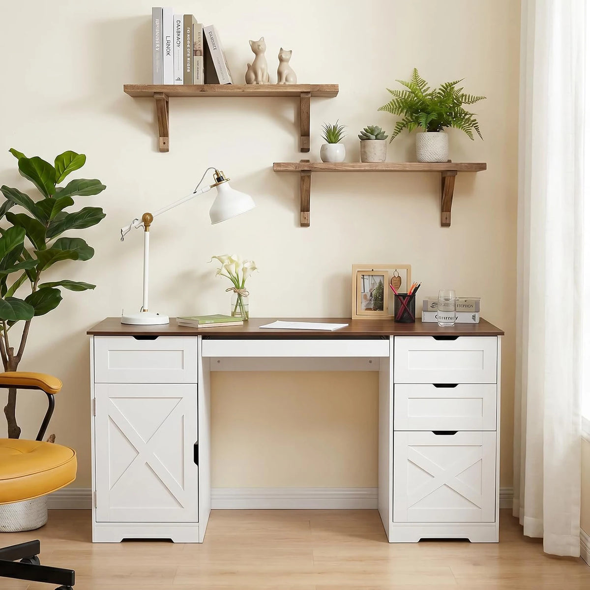HiMISS Farmhouse Office Desk With Drawers And Charging Station