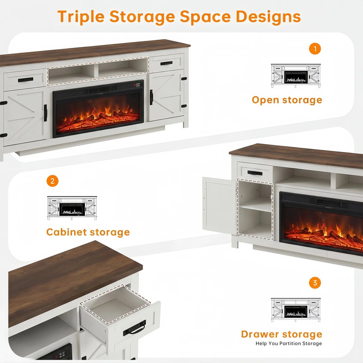 Aoxun Farmhouse TV Stand With Electric Fireplace And Storage