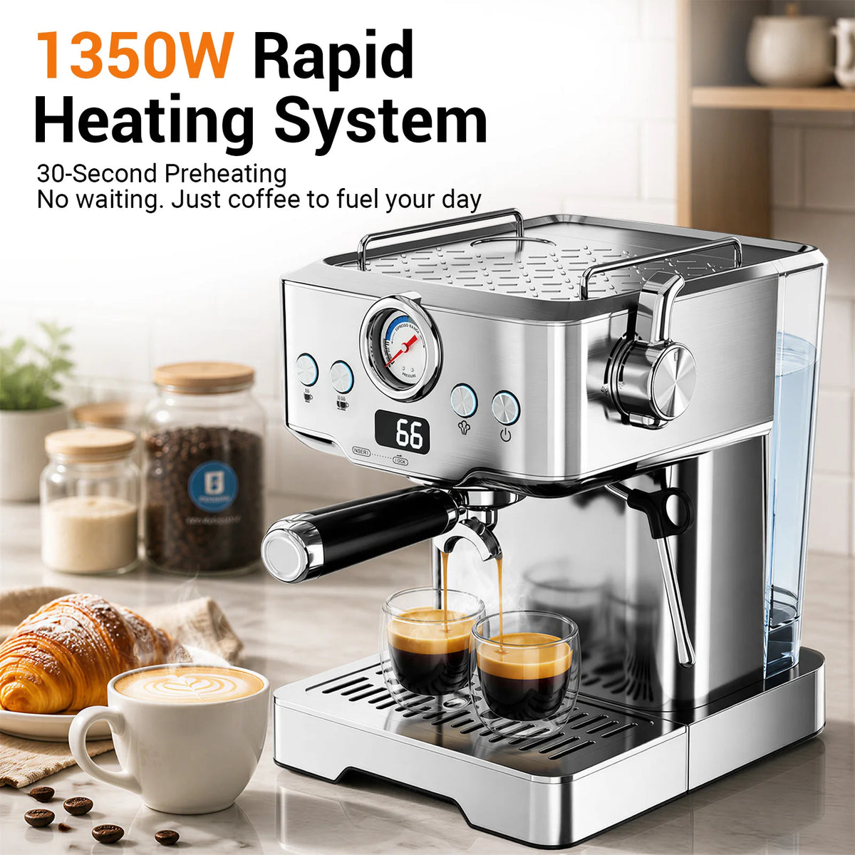 Ultra Espresso Machine With LCD Display And Steam Wand