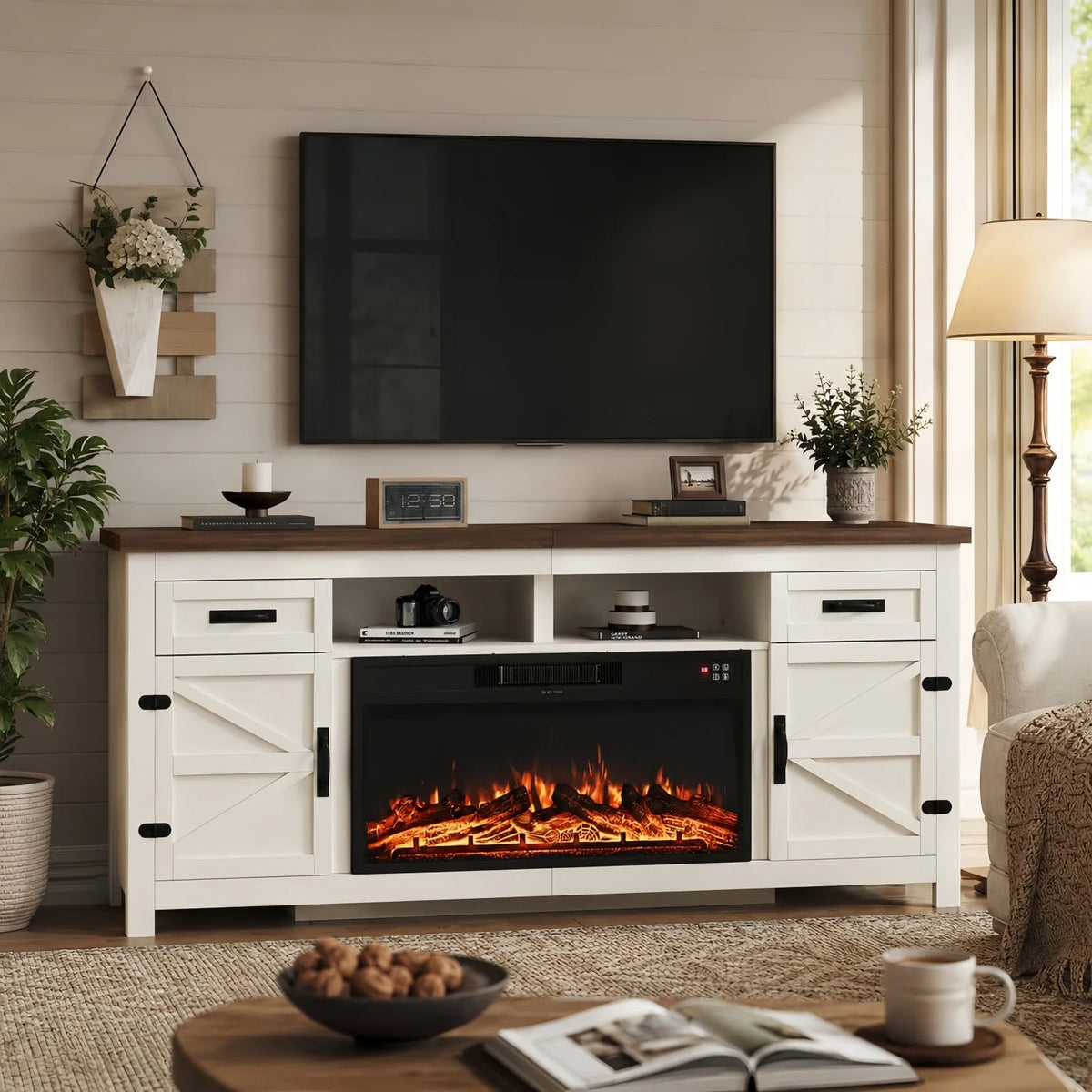 Aoxun Farmhouse TV Stand With Electric Fireplace And Storage