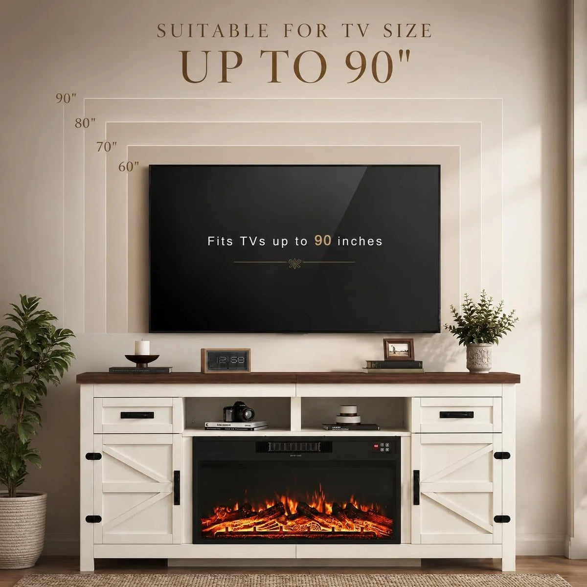 Aoxun Farmhouse TV Stand With Electric Fireplace And Storage