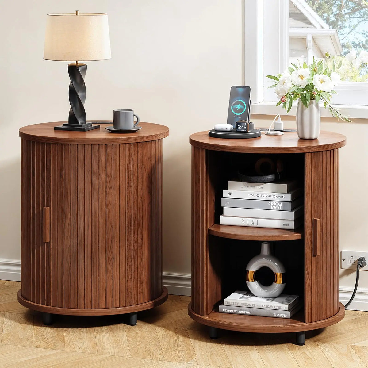 ONBRILL Fluted Round End Table With Storage For Bedroom malembe