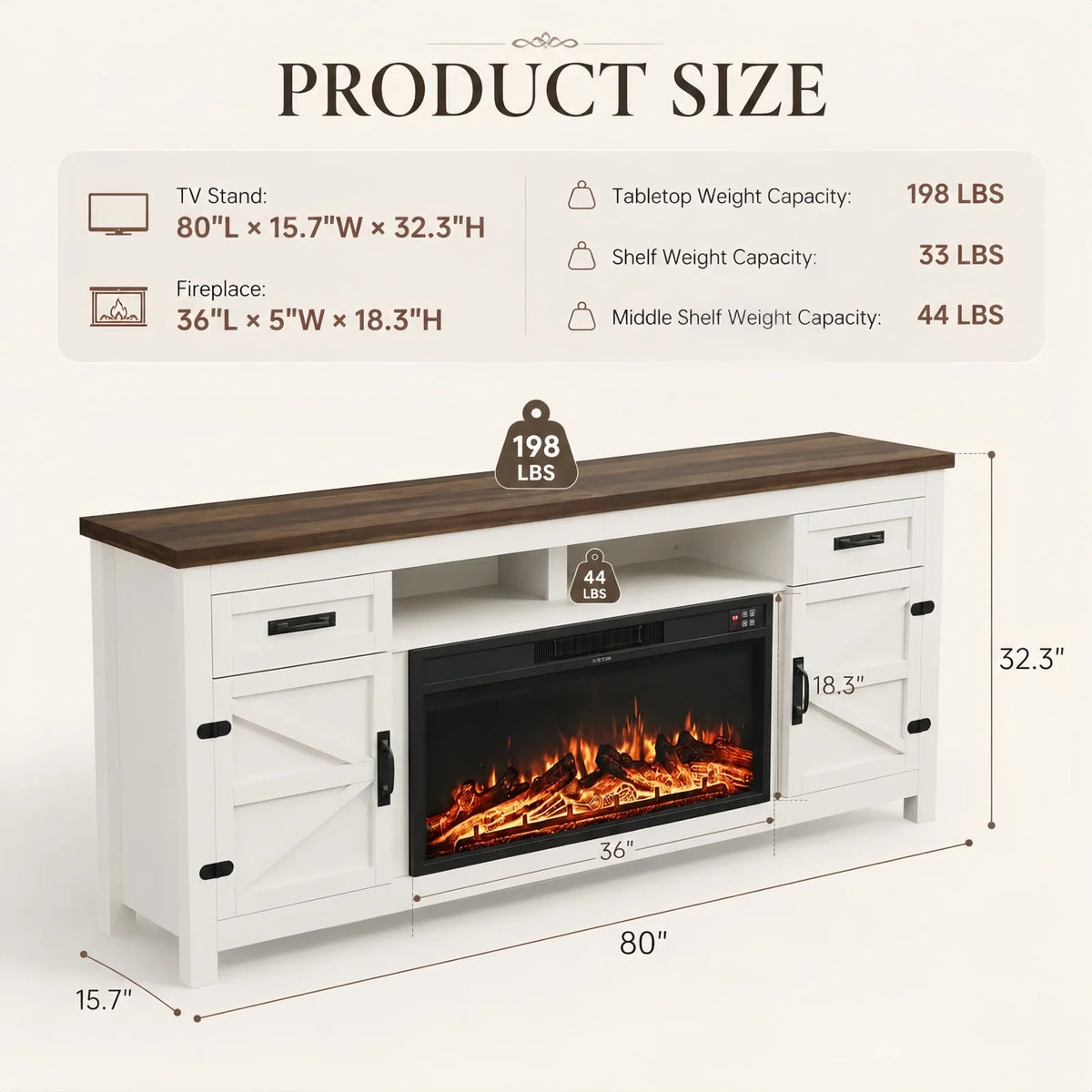 Aoxun Farmhouse TV Stand With Electric Fireplace And Storage