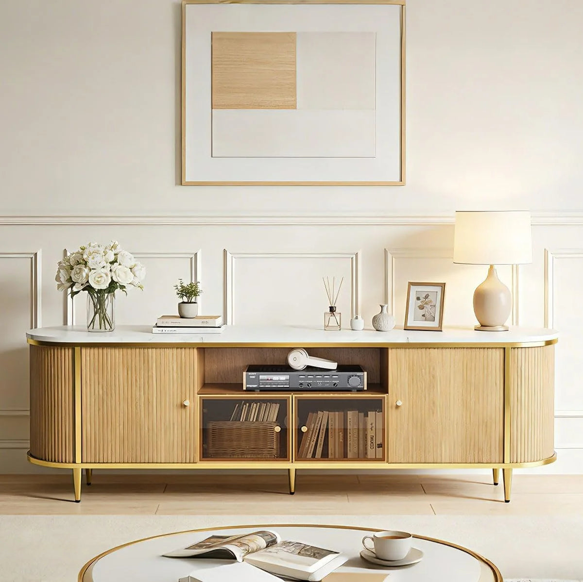 AOXUN Fluted TV Stand With Glass Doors And Spacious Storage